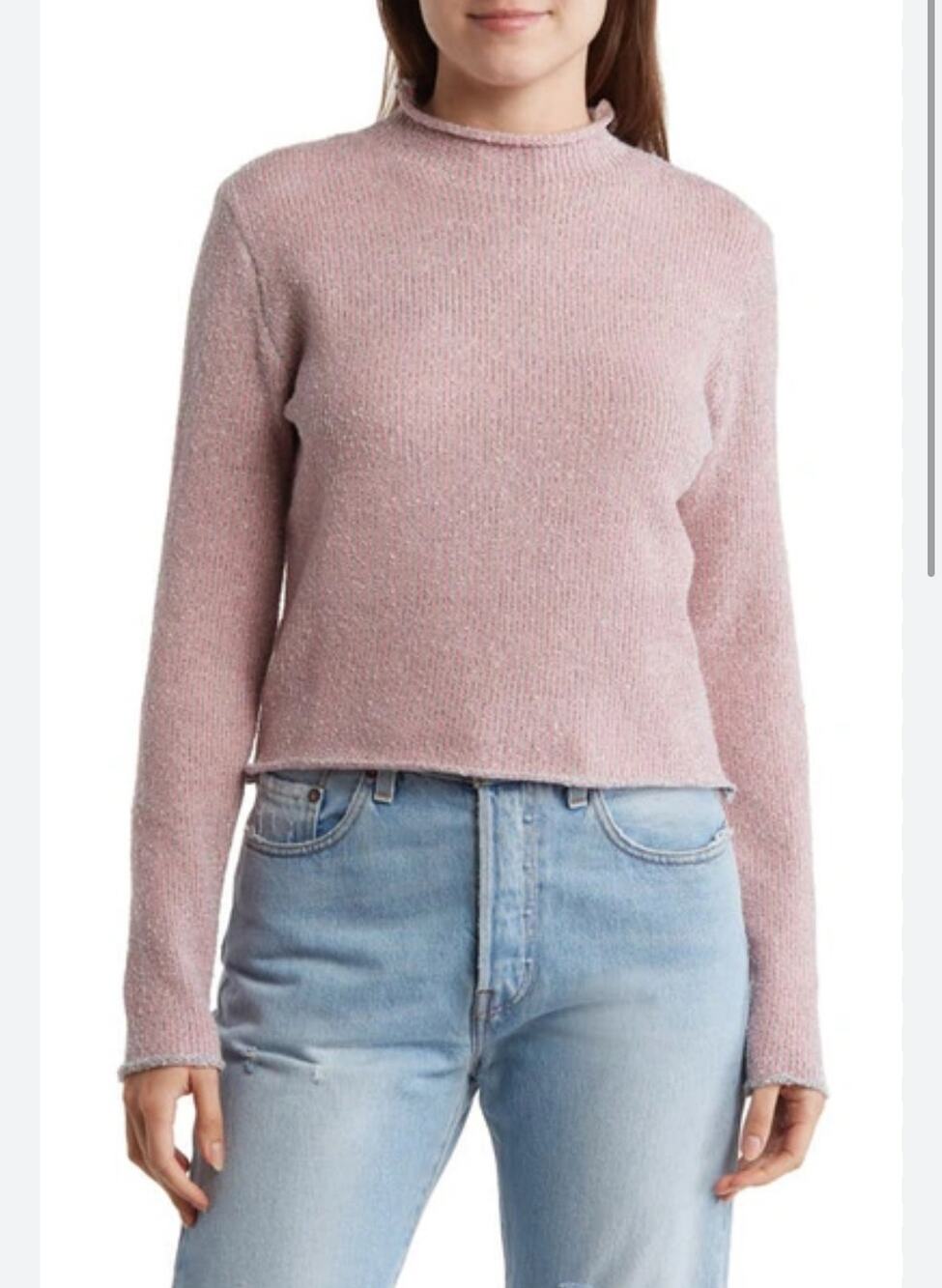 Cotton Emporium Women's Pink/Gray Striped Rolled Mock Neck Crop Sweater M NWOT